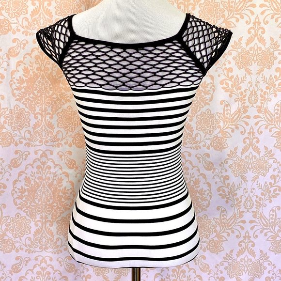 bebe Tops - bebe bodycon blk/white striped mesh top S